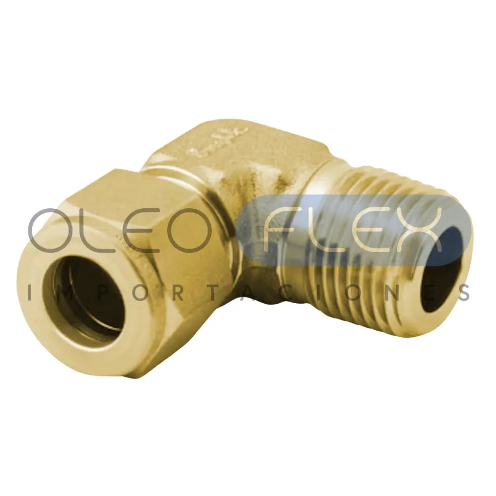 Foto de Conector Bronce Montado 90° 5/16od x 3/8"NPT - vista frontal sobre fondo blanco | SKU HFC69F0506 | Oleoflex Importaciones