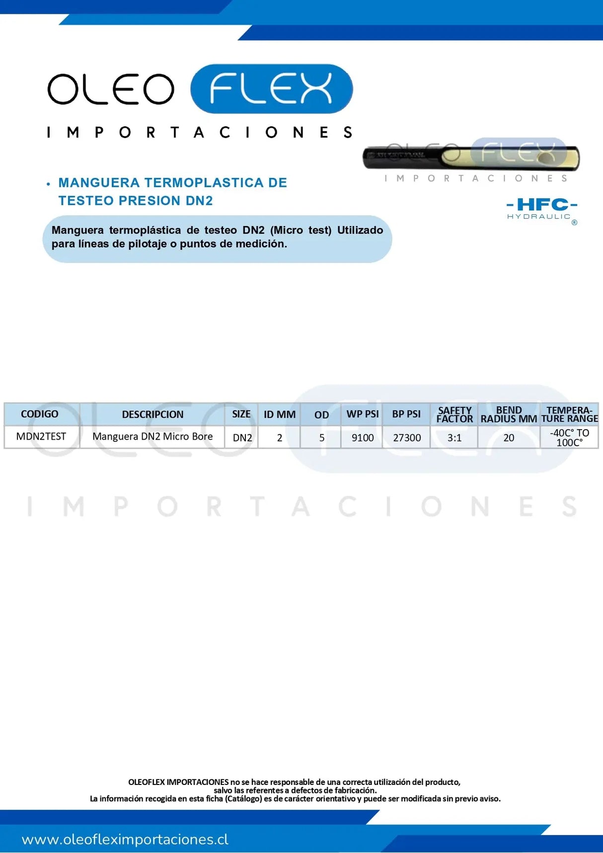 MANGUERA TERMOPLASTICA DE TESTEO PRESION DN2 (MICRO TEST) 9100 PSI.