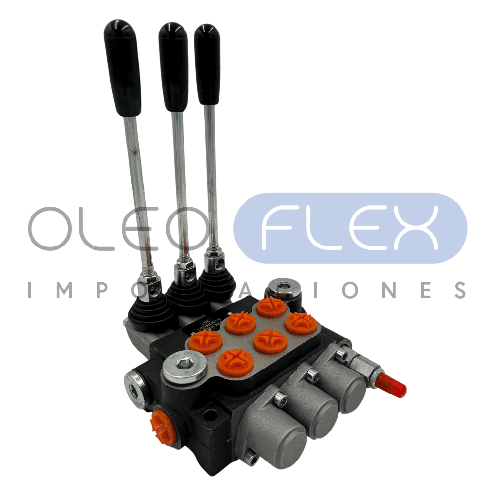 VALVULA DIRECCIONAL MANUAL BLOCK DE 3 PALANCAS 40 LPM PT 1/2 BSP X AB 1/2 BSP 250BAR 4V-3P MOD. P40-3-O - Oleoflex Importaciones SpA